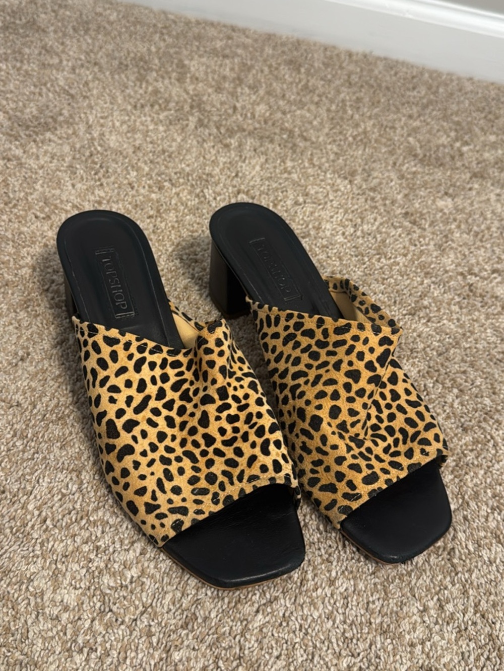 Topshop Leopard-Print Open Toe Mules in Yellow and Black